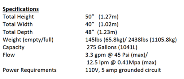 fresh water delivery system 275 gallons specs