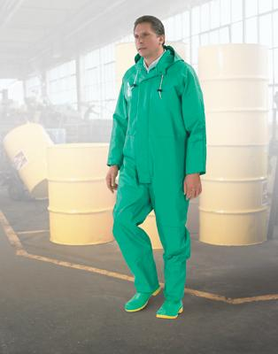 Dunlop Green Chemtex .35MM PVC On Nylon Polyester Protective Clothing, Coveralls w/Attached Hood & Inner Cuffs, Large