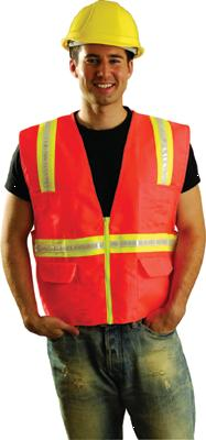 Occunomix Hi-Viz OccuLux® Polyester Surveyor Style Vest With 2 Tone Trim, 2 Surveyor Style Top Front Pockets, 2 Lower Front Pockets With Flap Covers, 2 Large Inside Pockets And Zipper Closure, Orange, Large